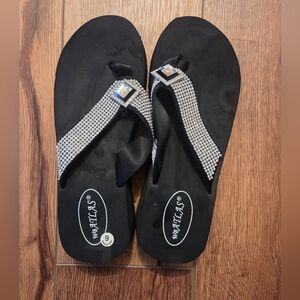 Black Rhinestone Thong Sandals for Women